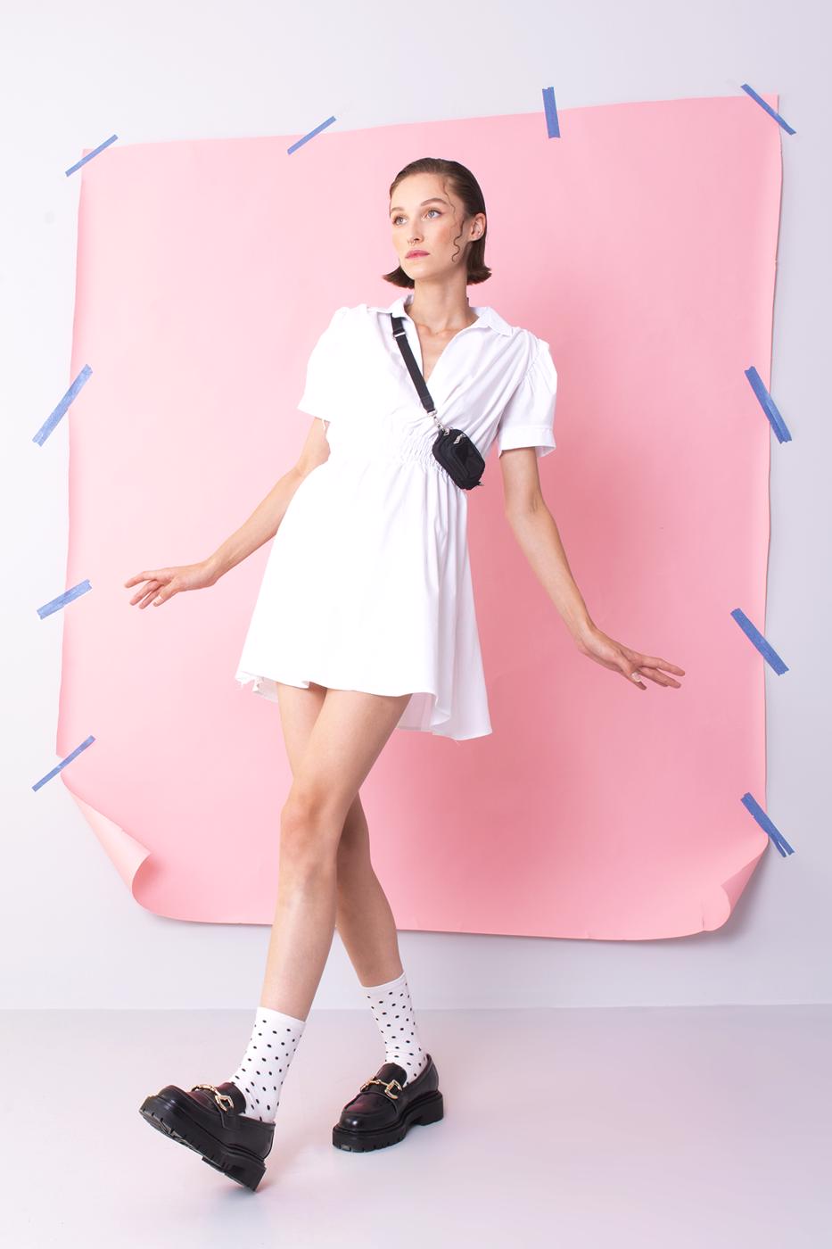 Bayan Beyaz Bel Lastik Detaylı Mini Elbise