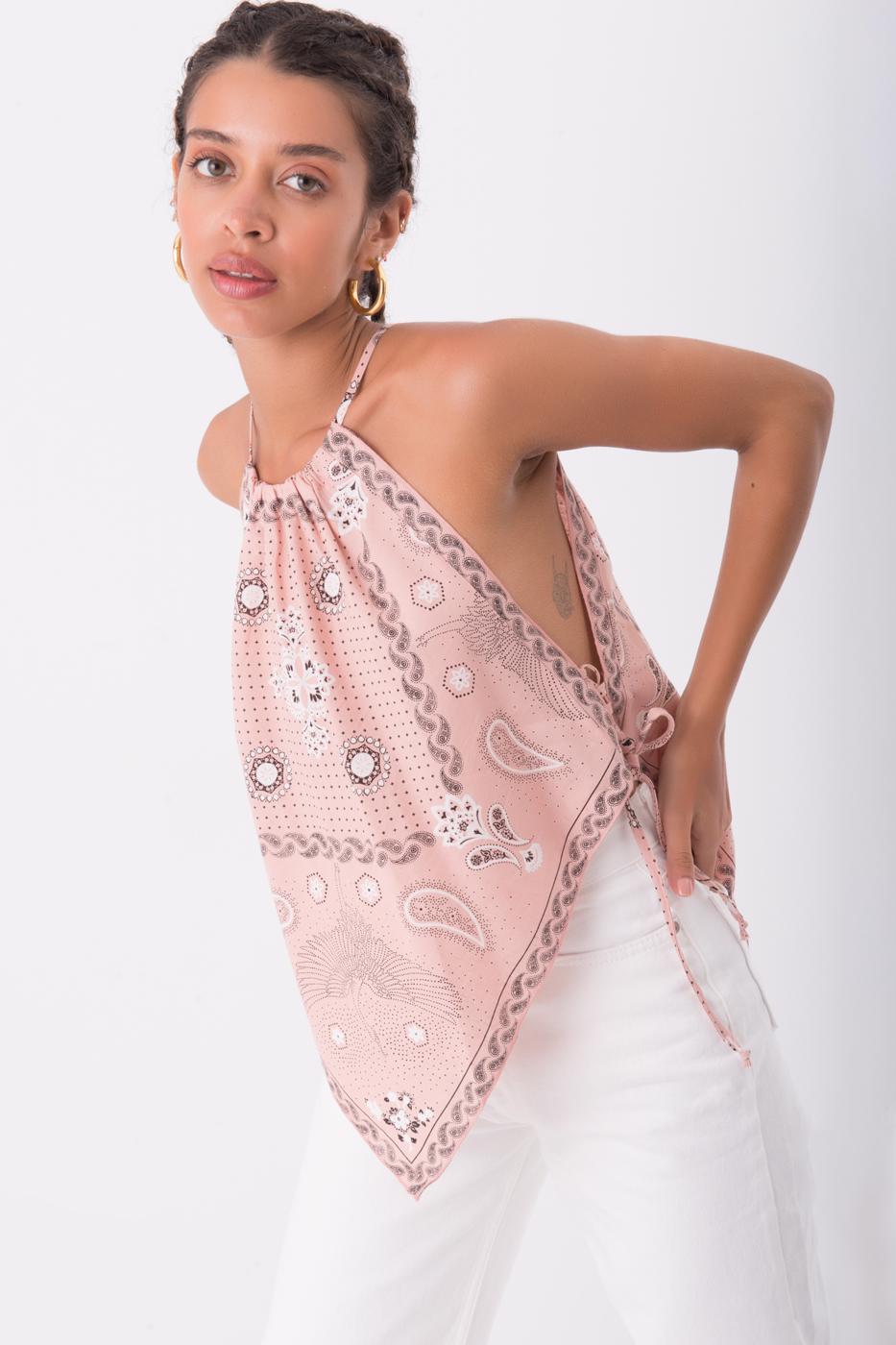 Bayan Pudra Mendil Etek Kesim Detaylı Boyun Bağlamalı Bluz