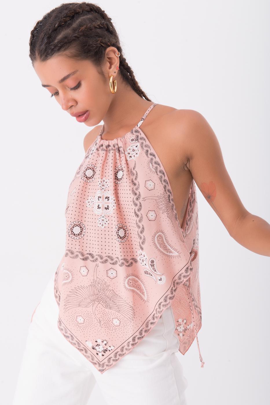 Bayan Pudra Mendil Etek Kesim Detaylı Boyun Bağlamalı Bluz