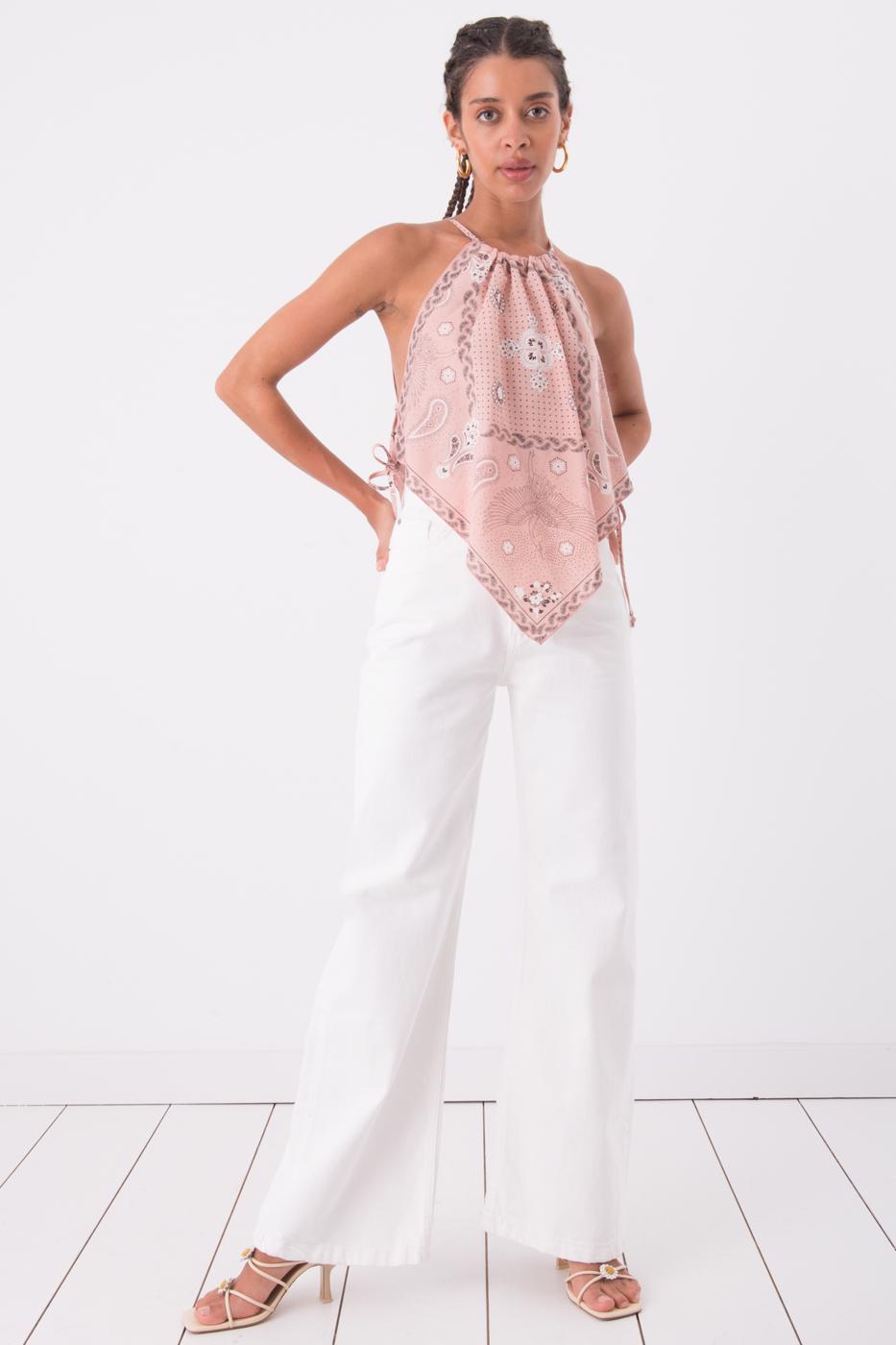 Bayan Pudra Mendil Etek Kesim Detaylı Boyun Bağlamalı Bluz