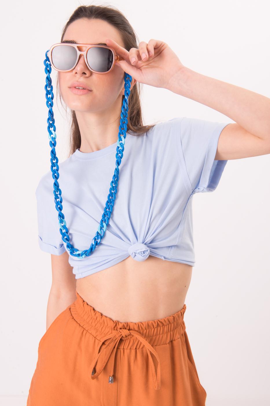 Bayan Mavi Bisiklet Yaka Kısa Kol Basic Tişört