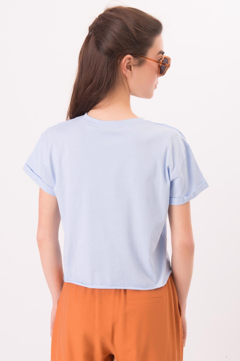 Bayan Mavi Bisiklet Yaka Kısa Kol Basic Tişört