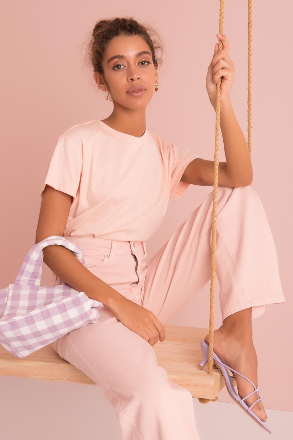 Bayan Pudra Bisiklet Yaka Kısa Kol Basic Tişört