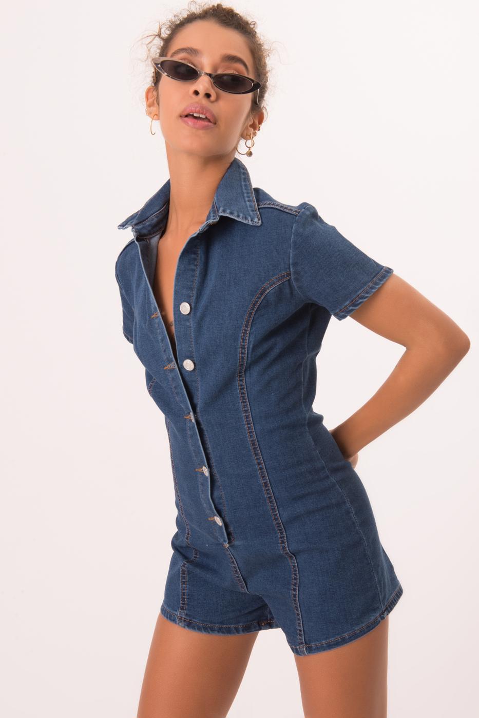 Bayan Mavi Düğme Kapama Kısa Denim Tulum