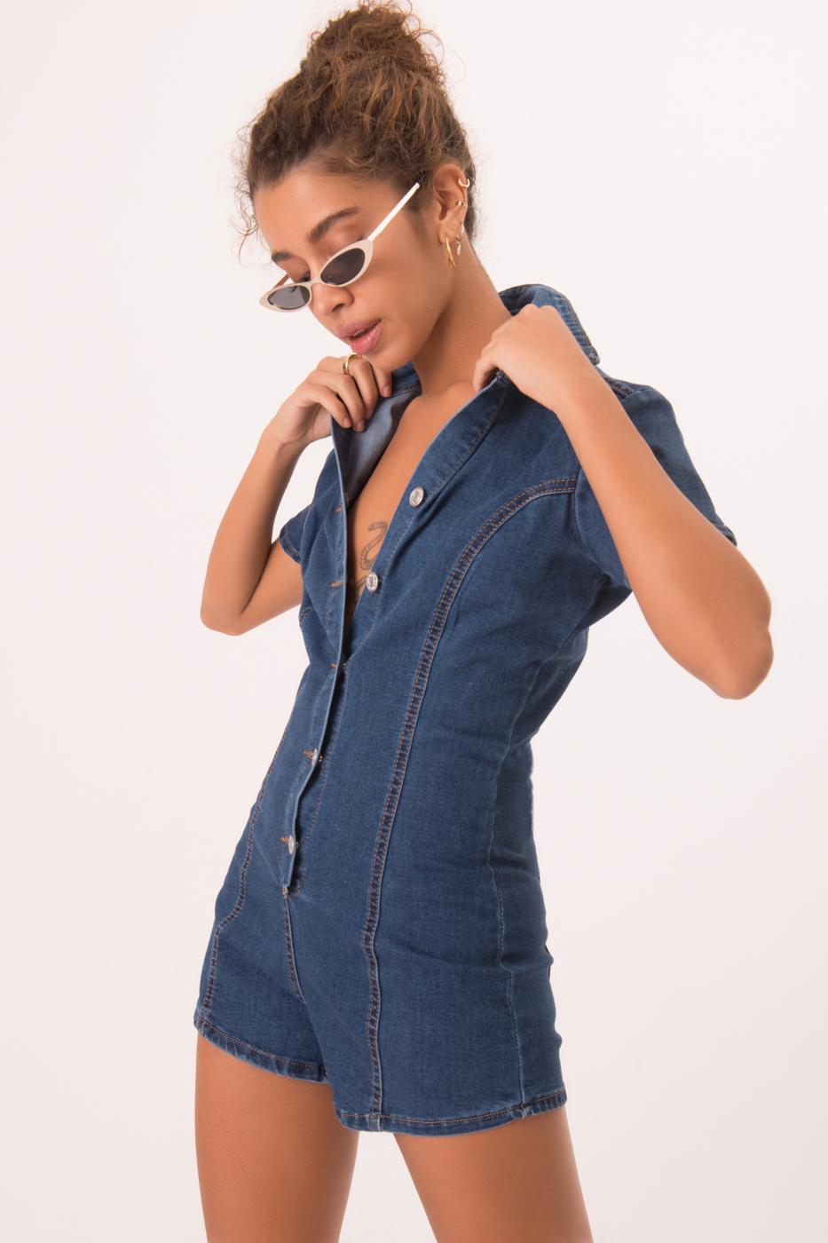 Bayan Mavi Düğme Kapama Kısa Denim Tulum