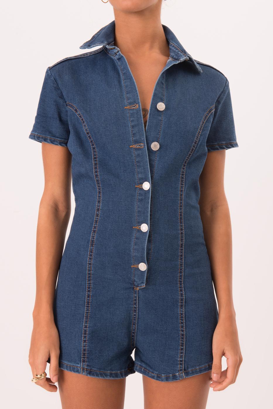 Bayan Mavi Düğme Kapama Kısa Denim Tulum