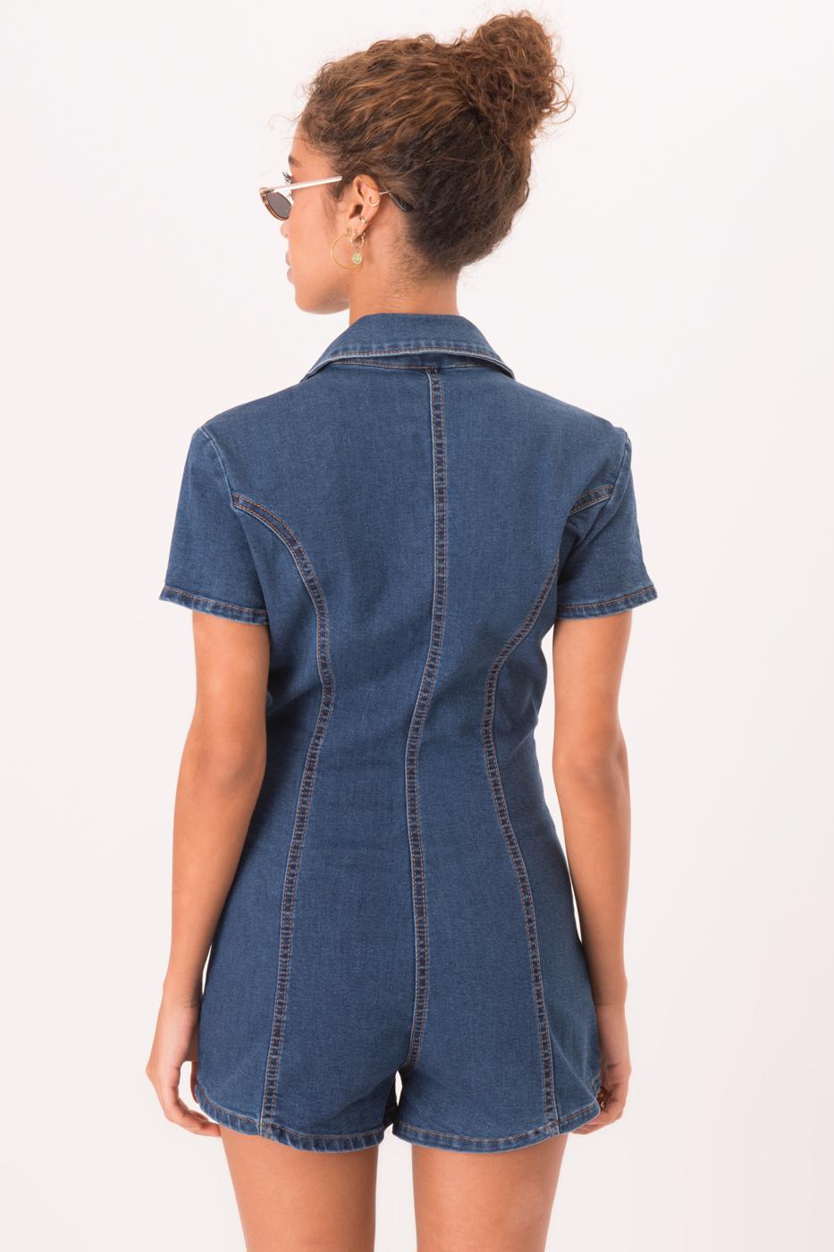 Bayan Mavi Düğme Kapama Kısa Denim Tulum