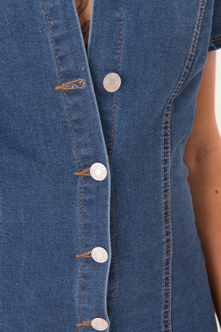 Bayan Mavi Düğme Kapama Kısa Denim Tulum