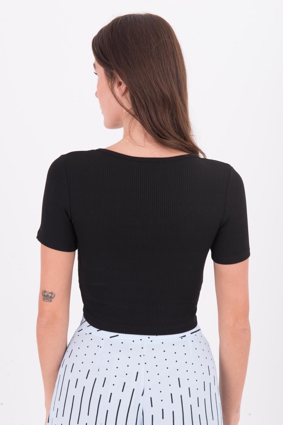 Bayan Siyah U Yaka Detaylı Crop Body