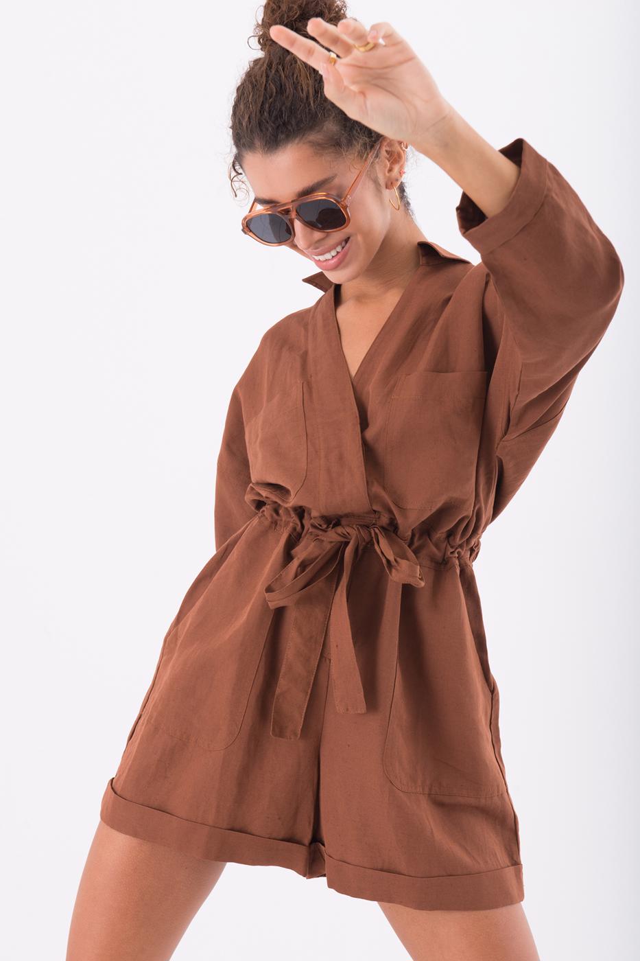 Bayan Tarçın Yama Cep Detaylı Uzun Kollu Mini Keten Tulum