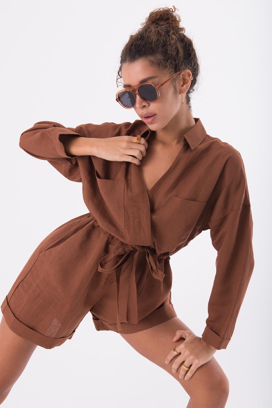 Bayan Tarçın Yama Cep Detaylı Uzun Kollu Mini Keten Tulum