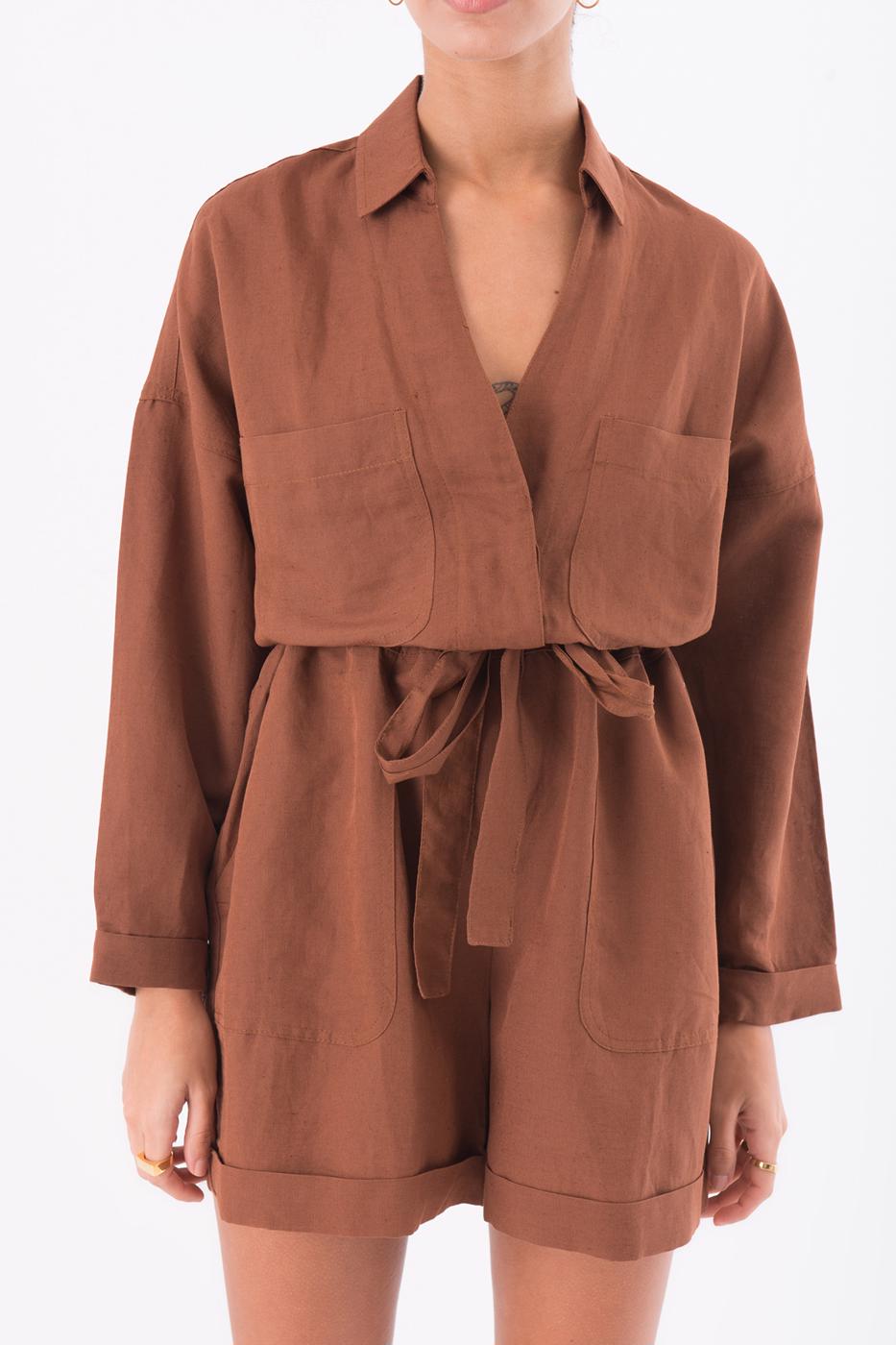 Bayan Tarçın Yama Cep Detaylı Uzun Kollu Mini Keten Tulum