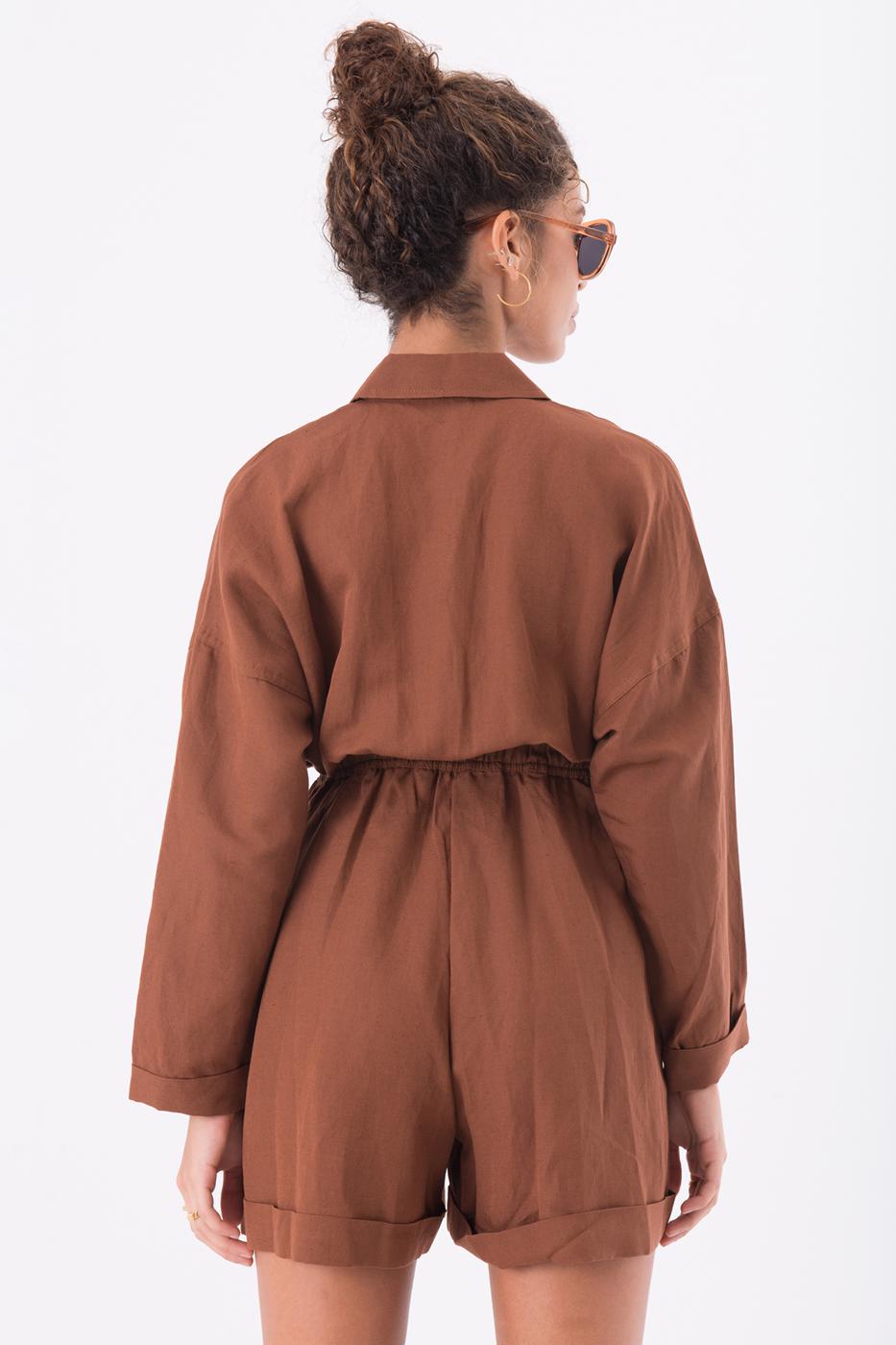 Bayan Tarçın Yama Cep Detaylı Uzun Kollu Mini Keten Tulum