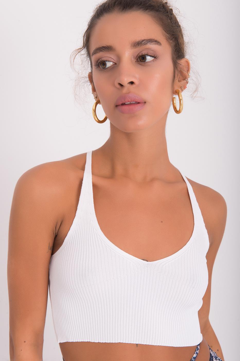 Bayan Beyaz Askılı Örgü Crop Body