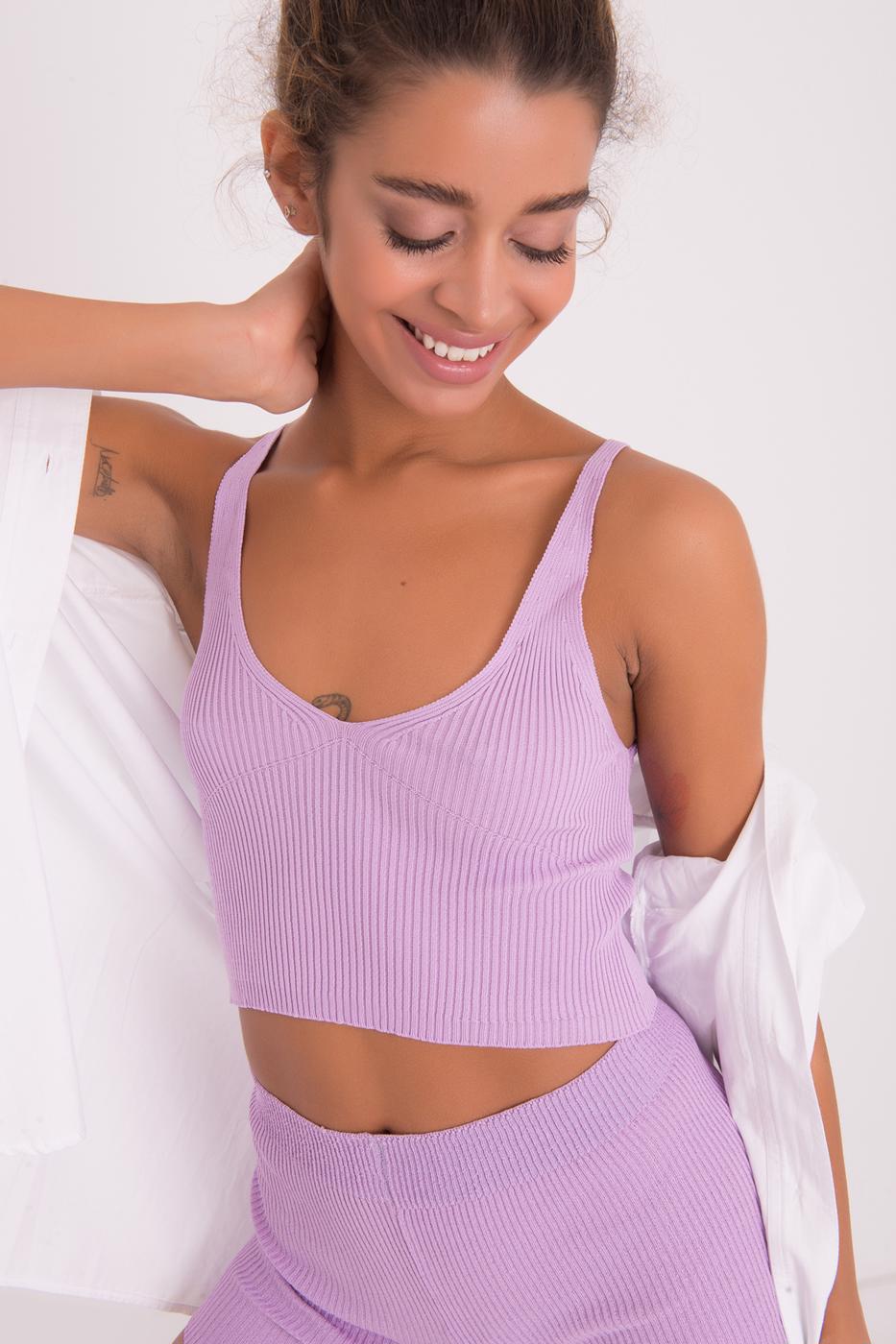Bayan Lila Askılı Örgü Crop Body