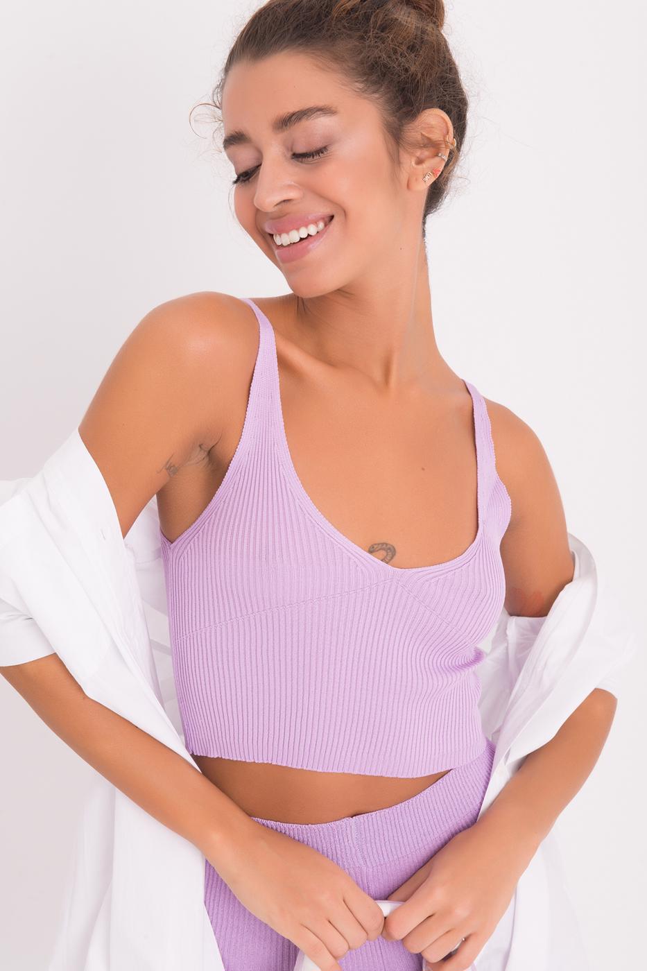 Bayan Lila Askılı Örgü Crop Body
