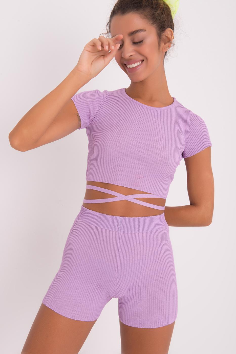 Bayan Lila Askılı Örgü Crop Body