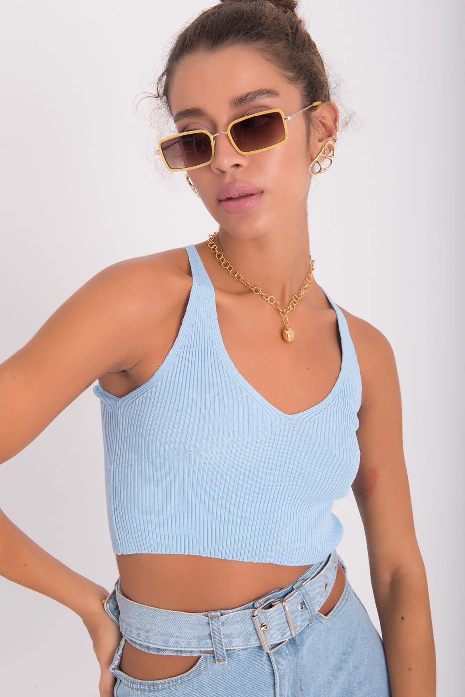 Bayan Mavi Askılı Örgü Crop Body