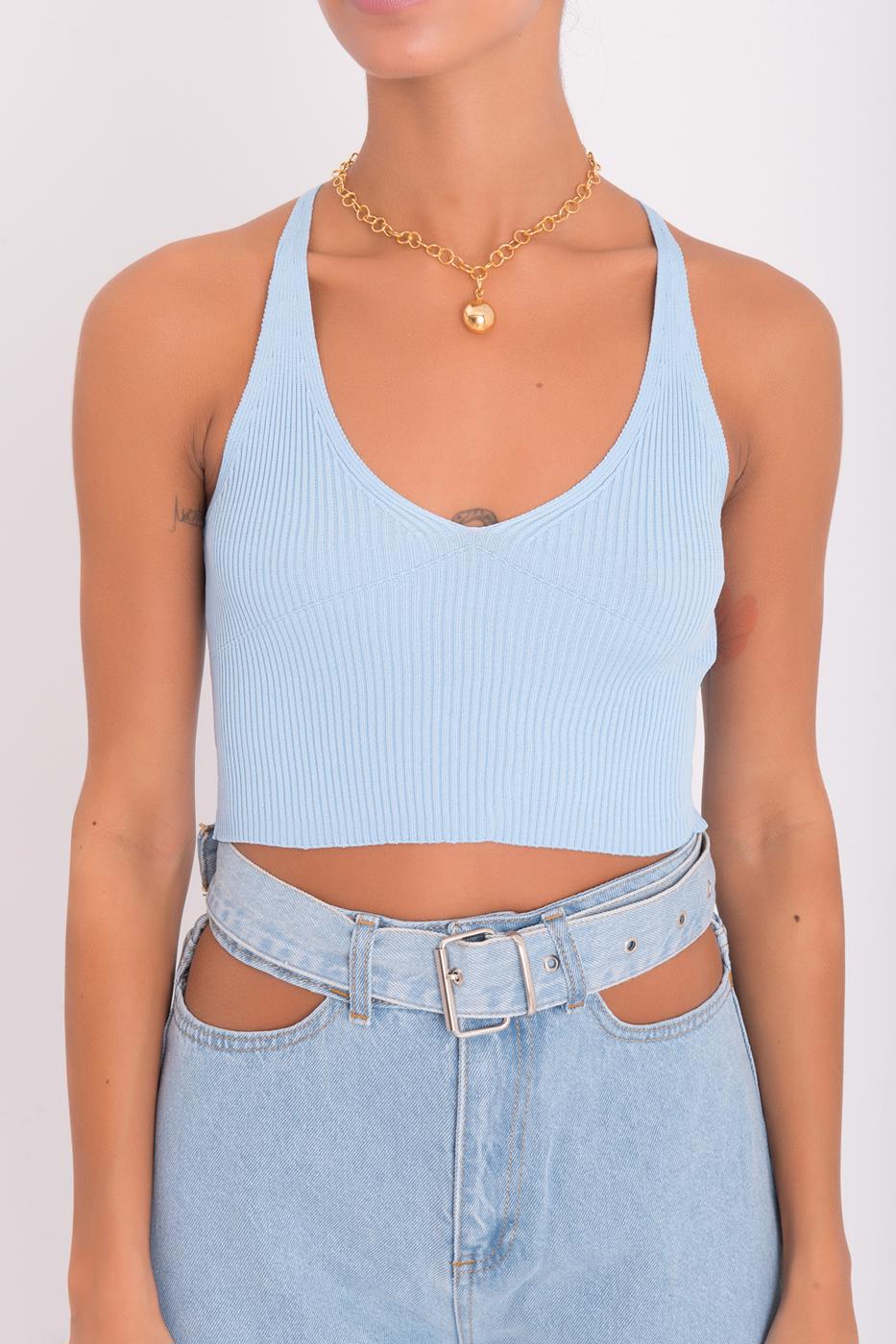 Bayan Mavi Askılı Örgü Crop Body