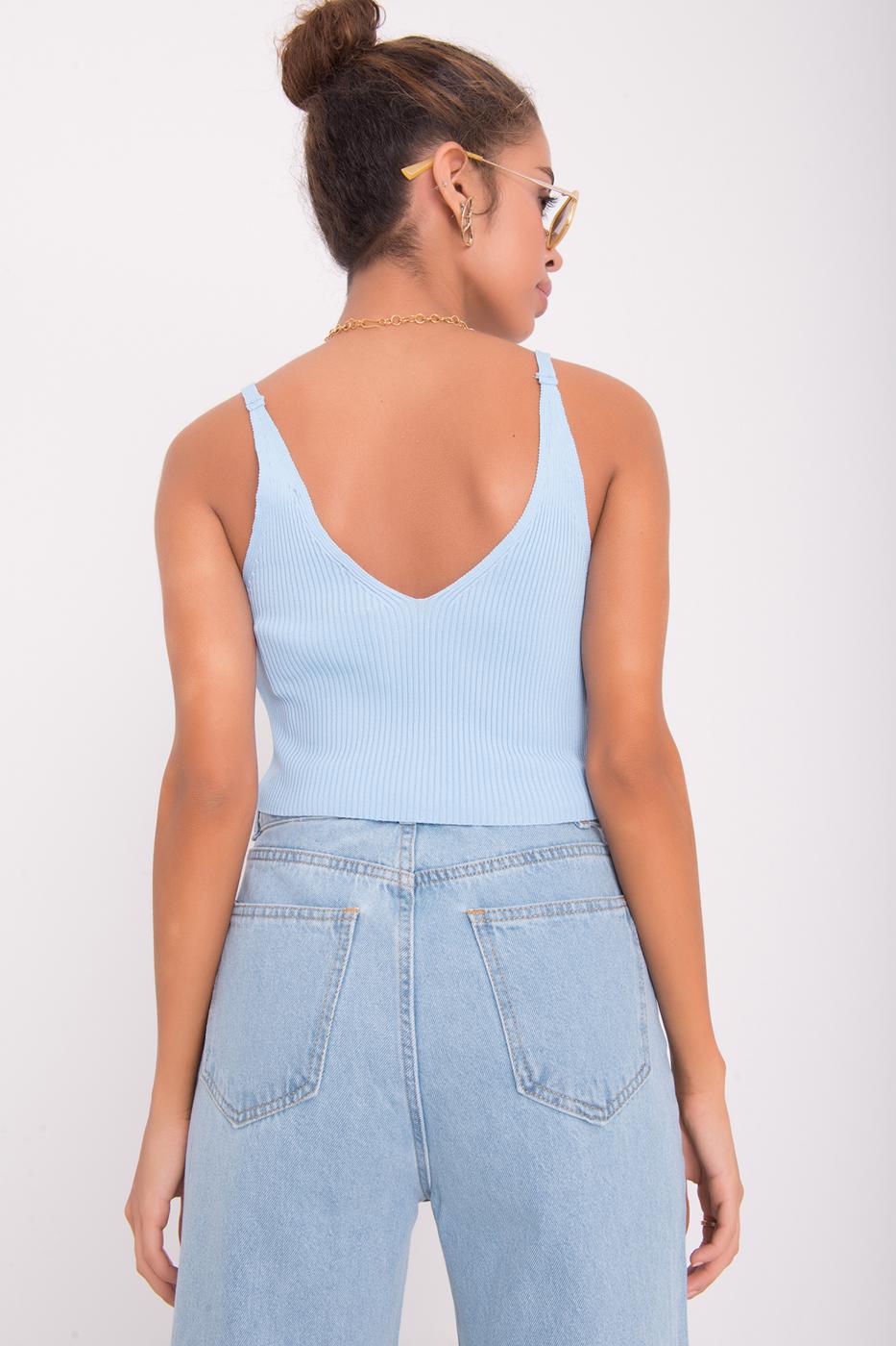 Bayan Mavi Askılı Örgü Crop Body