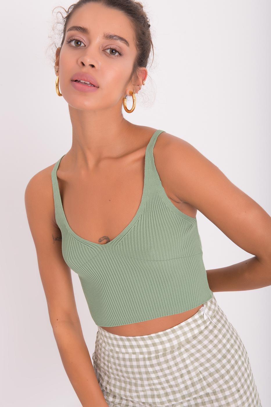 Bayan Yeşil Askılı Örgü Crop Body