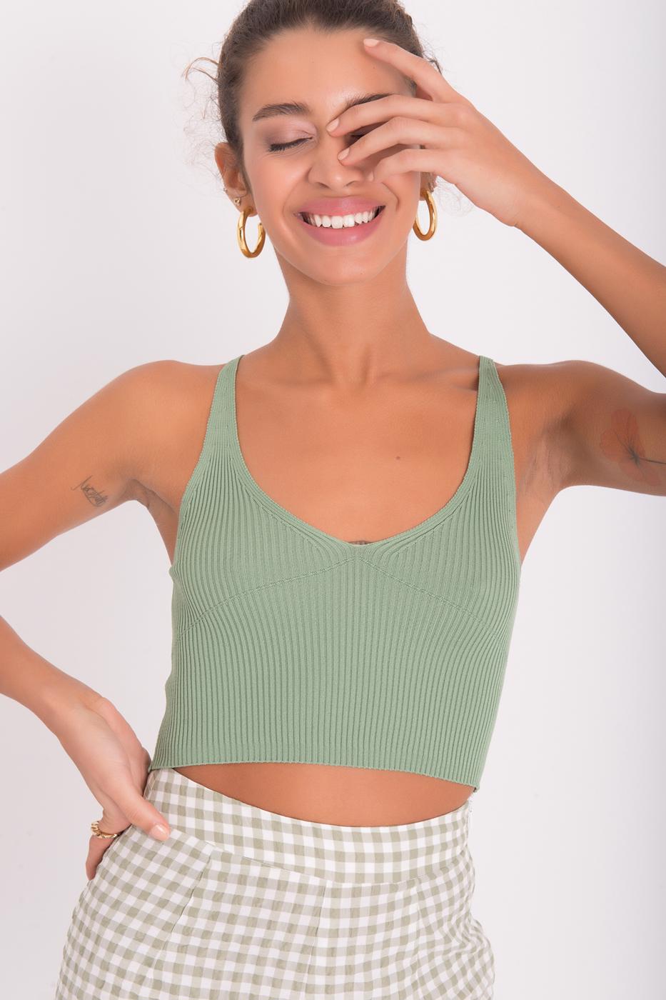 Bayan Yeşil Askılı Örgü Crop Body