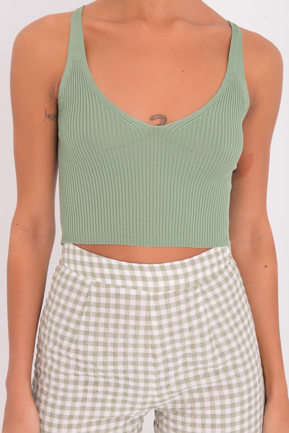 Bayan Yeşil Askılı Örgü Crop Body