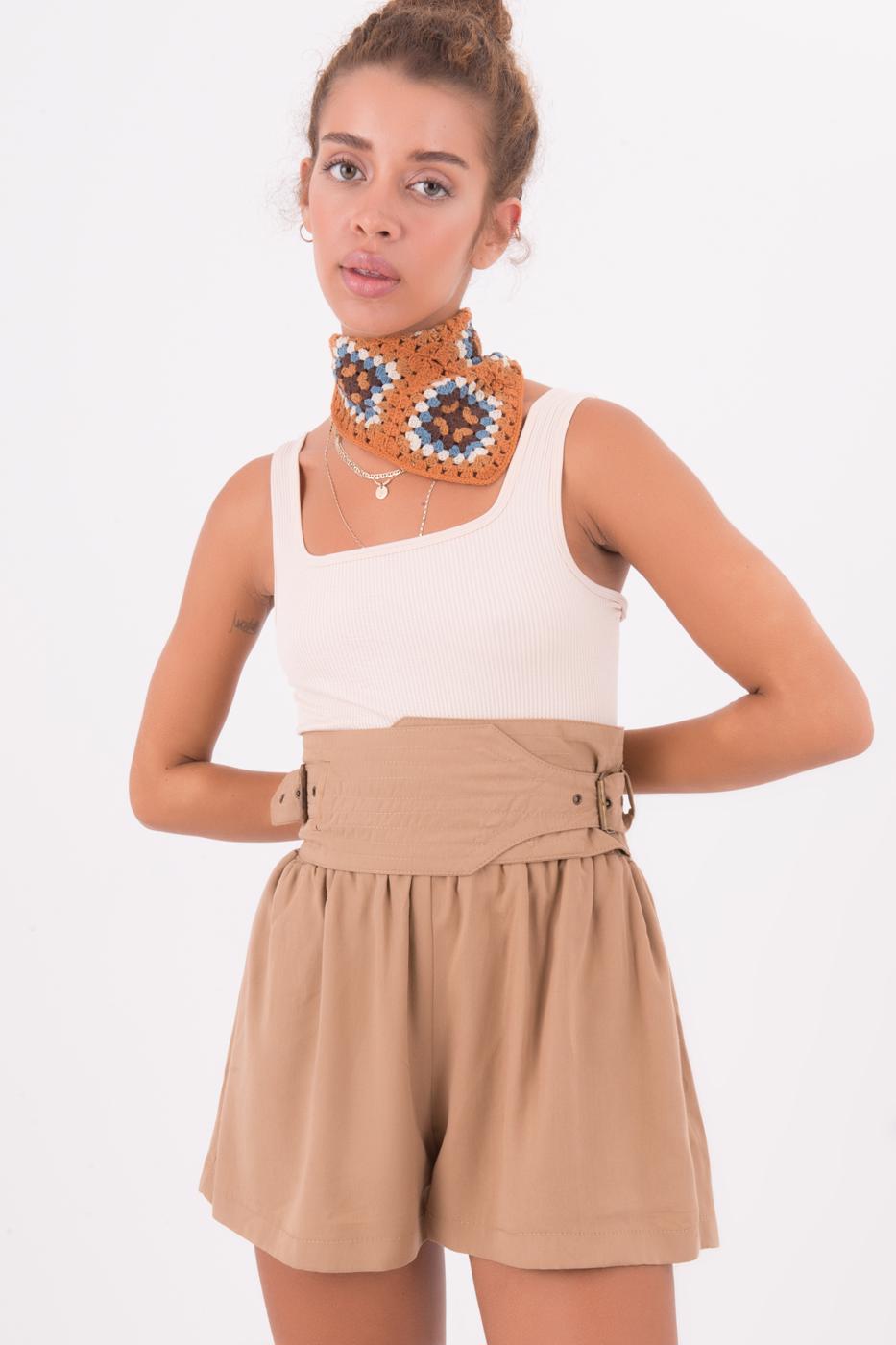 Bayan Camel Korsaj Kemer Detaylı Mini Şort