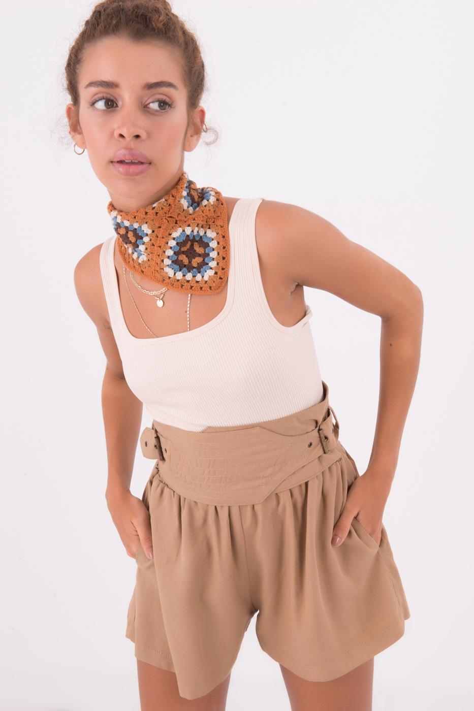 Bayan Camel Korsaj Kemer Detaylı Mini Şort