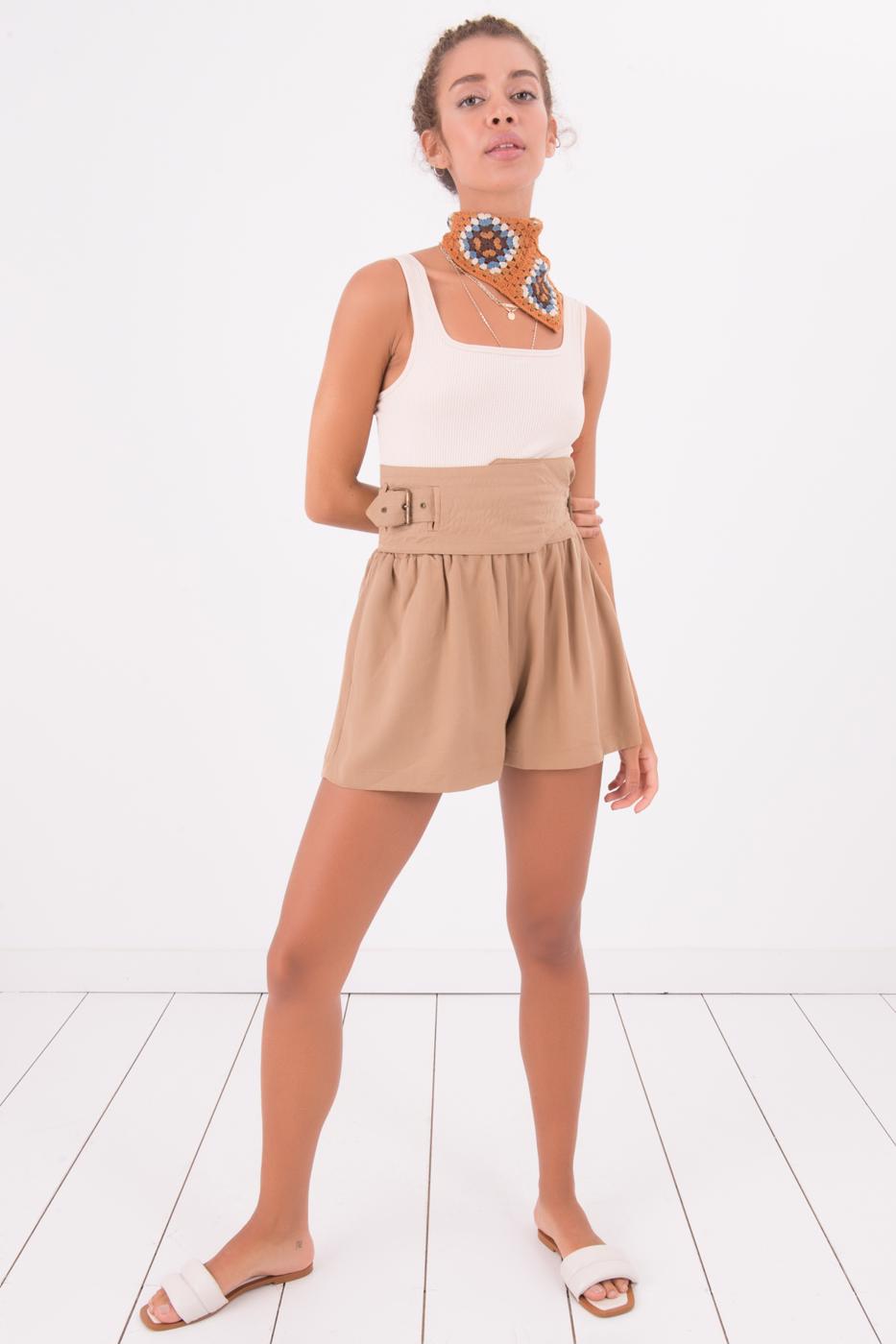 Bayan Camel Korsaj Kemer Detaylı Mini Şort