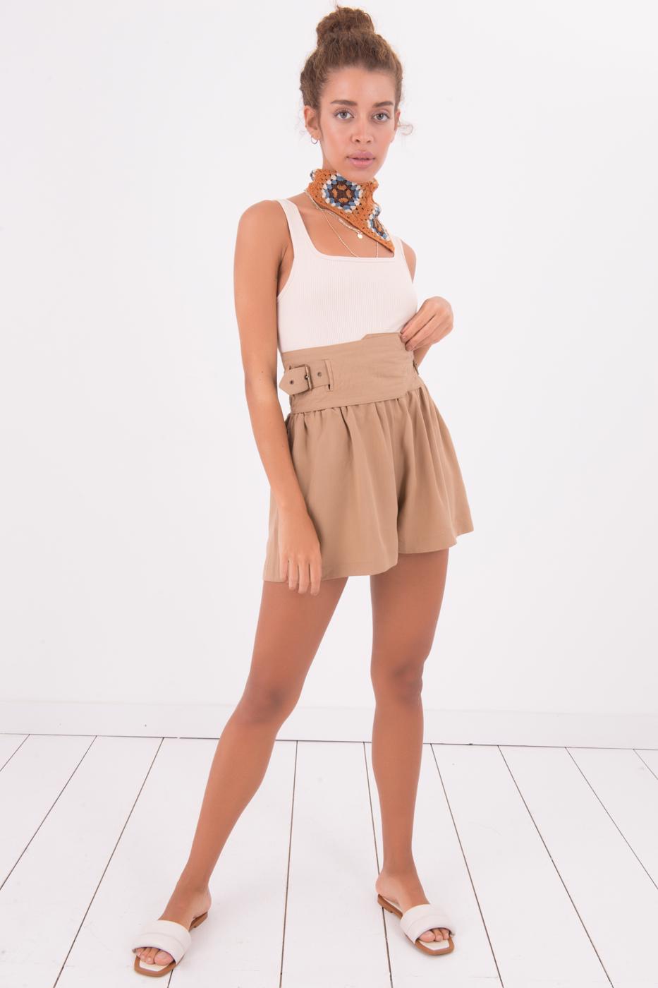 Bayan Camel Korsaj Kemer Detaylı Mini Şort