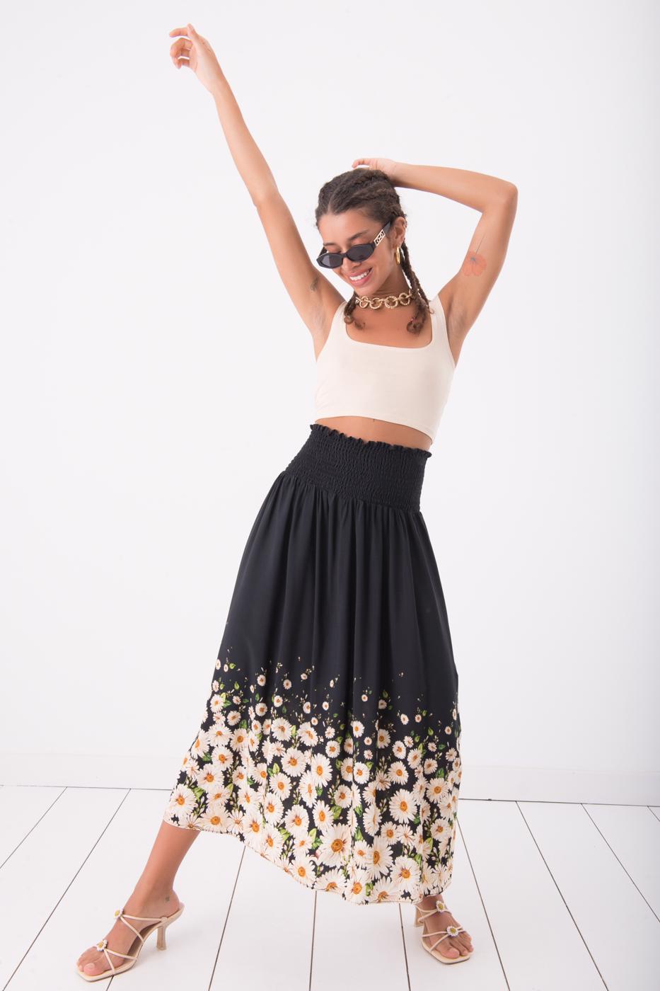 Bayan Multı Büzgülü Çiçek Desenli Midi Etek