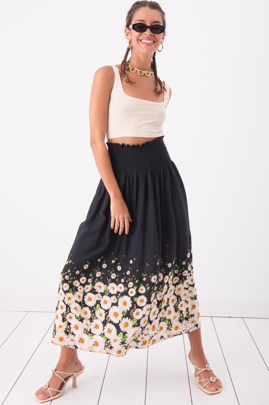 Bayan Multı Büzgülü Çiçek Desenli Midi Etek