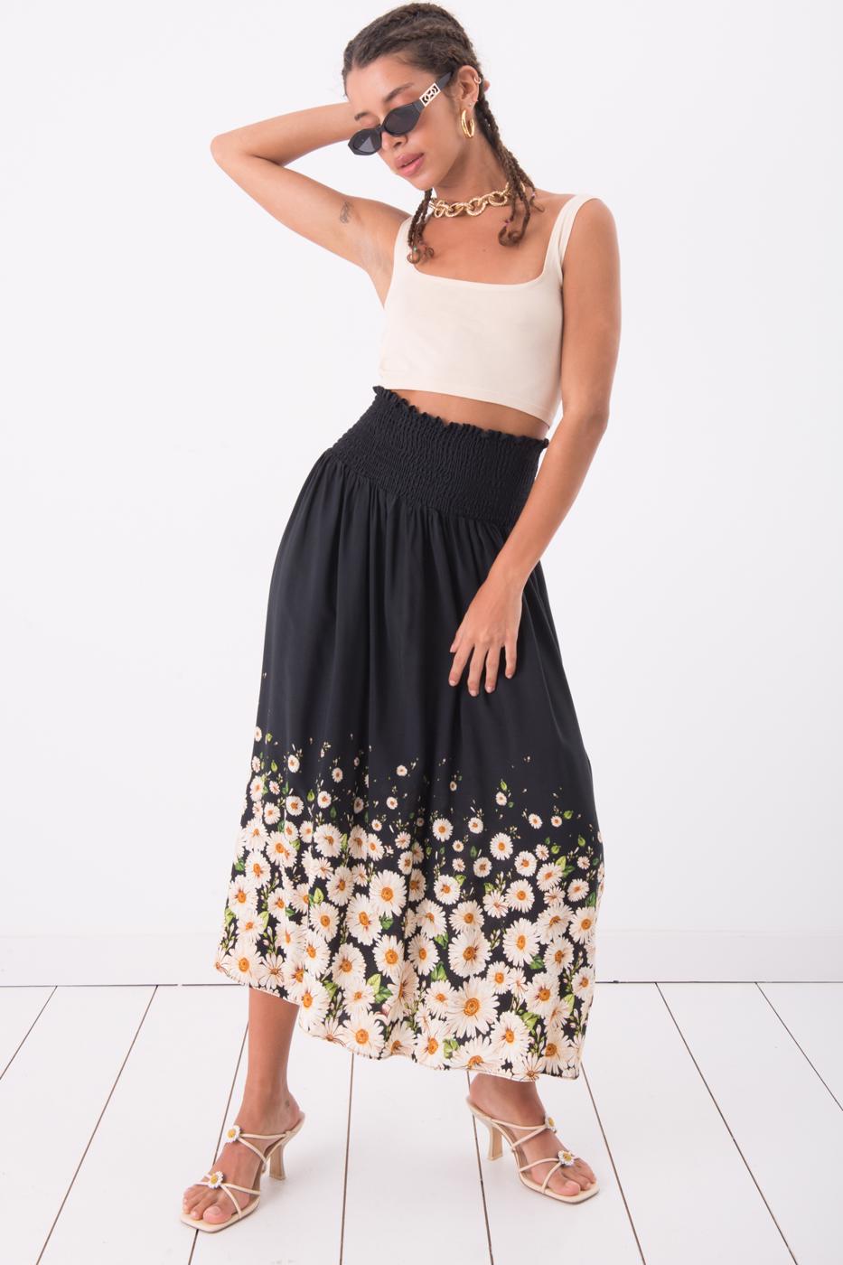 Bayan Multı Büzgülü Çiçek Desenli Midi Etek