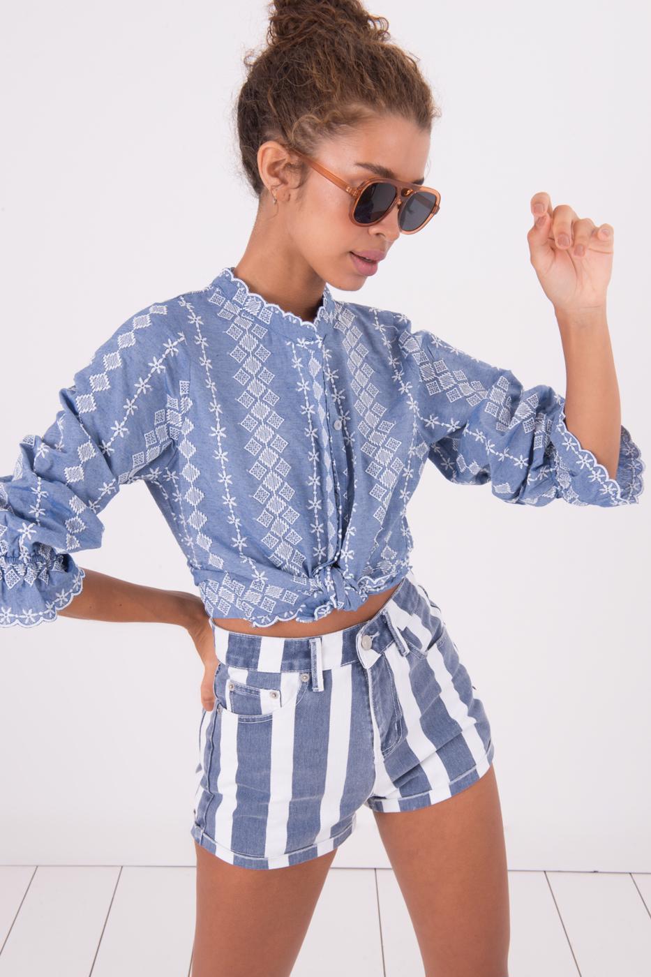 Bayan Mavi Uzun Kollu Hakim Yaka Detaylı Gömlek