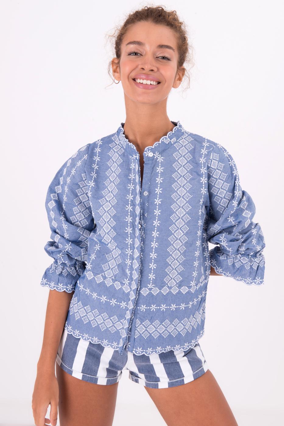 Bayan Mavi Uzun Kollu Hakim Yaka Detaylı Gömlek