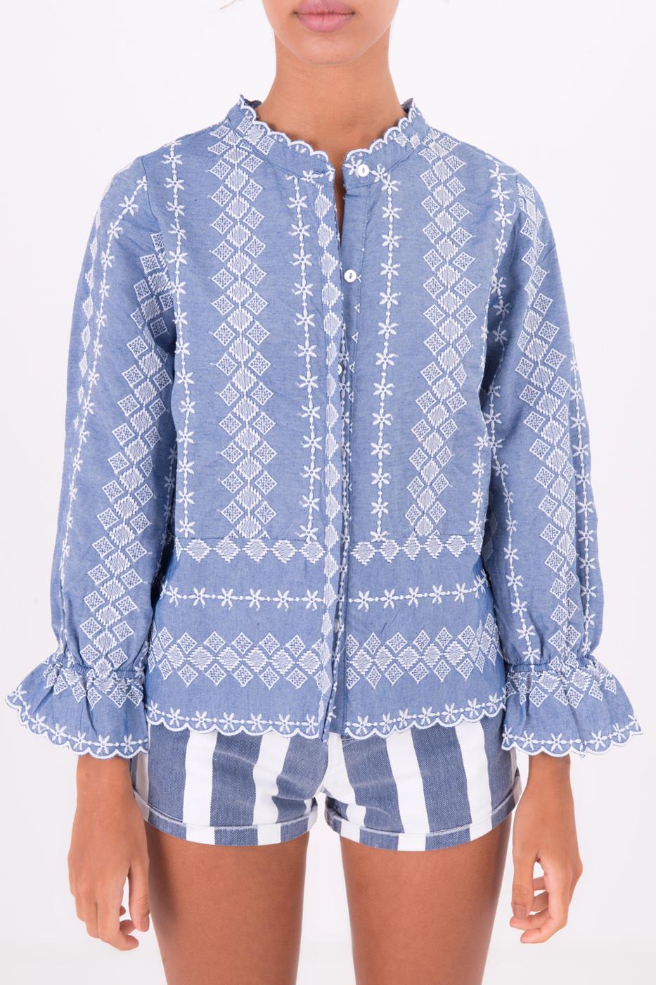 Bayan Mavi Uzun Kollu Hakim Yaka Detaylı Gömlek