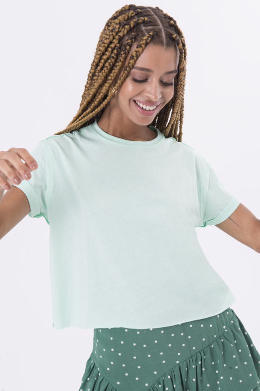 Bayan Yeşil Bisiklet Yaka Kısa Kol Basıc Tshirt - BSL