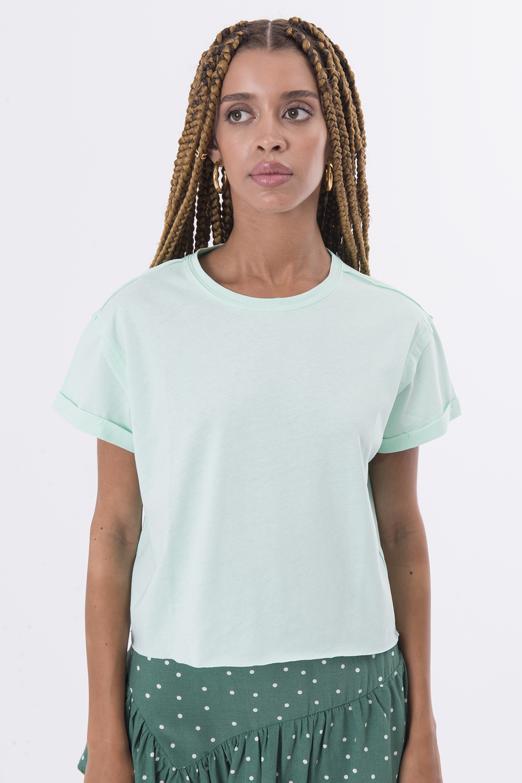 Bayan Yeşil Bisiklet Yaka Kısa Kol Basıc Tshirt - BSL