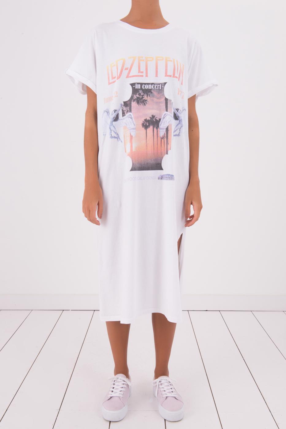 Bayan Beyaz Ön Baskı Detaylı Derin Yırtmaçlı Maksi Elbise