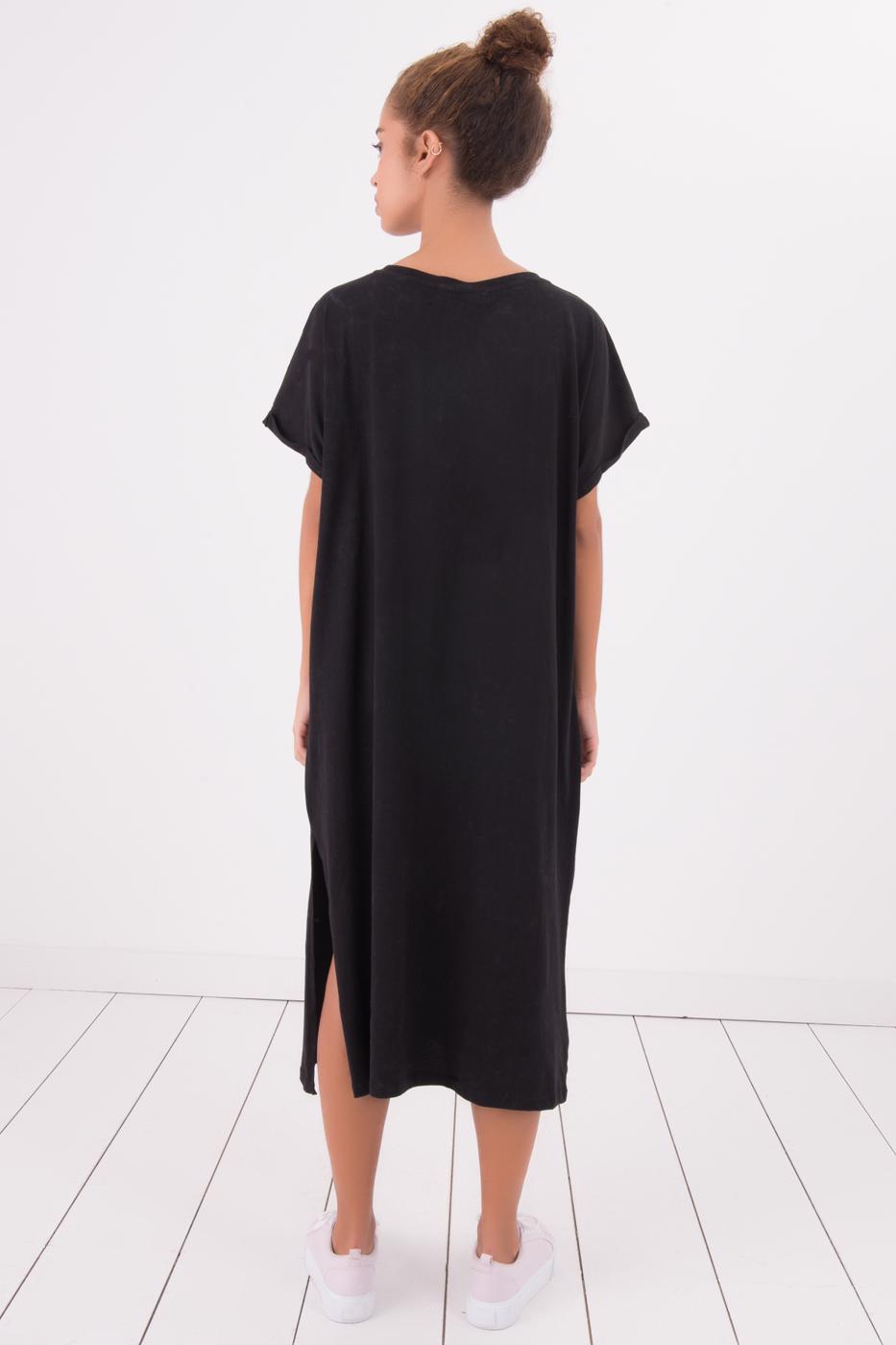 Bayan Siyah Ön Baskı Detaylı Derin Yırtmaçlı Maksi Elbise