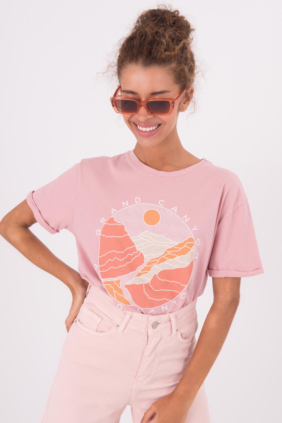 Bayan Pudra Ön Baskı Detaylı Yıkama Efektli Tshirt