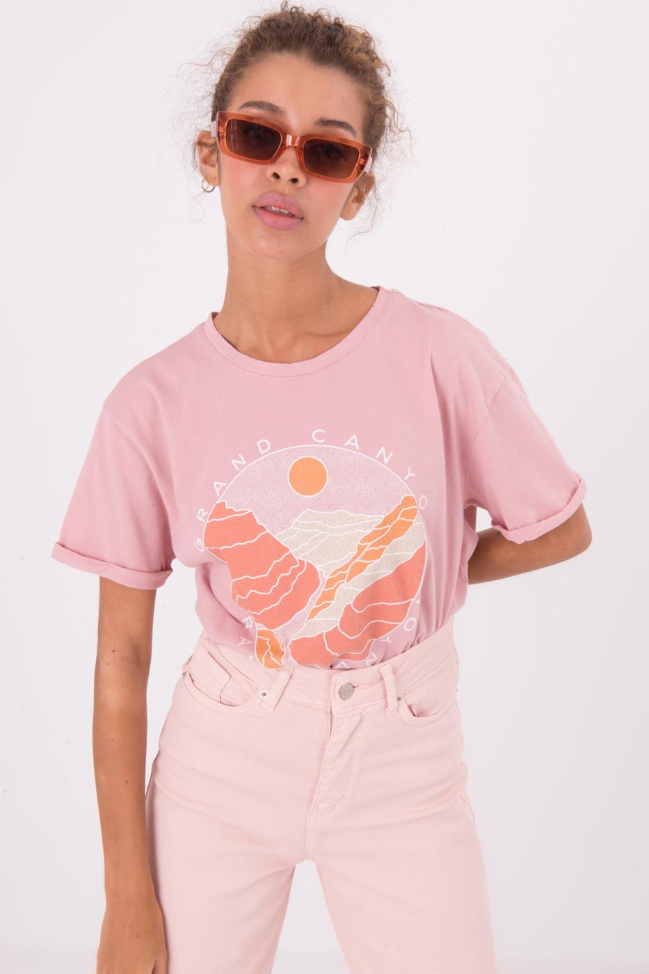 Bayan Pudra Ön Baskı Detaylı Yıkama Efektli Tshirt