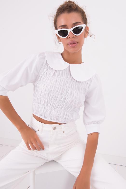 Bayan Beyaz Bebe Yaka Detaylı Gipeli Bluz - BSL
