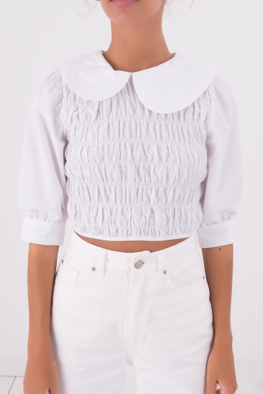 Bayan Beyaz Bebe Yaka Detaylı Gipeli Bluz - BSL