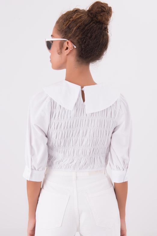 Bayan Beyaz Bebe Yaka Detaylı Gipeli Bluz - BSL