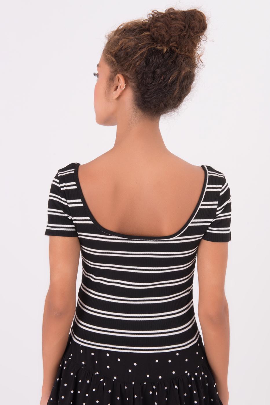 Bayan Siyah Kare Yaka Detaylı Çizgili Body