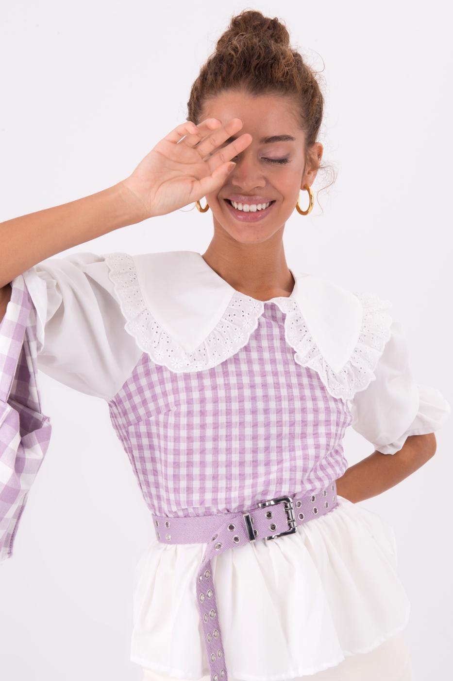 Bayan Lila Yaka Detaylı Karpuz Kol Bluz