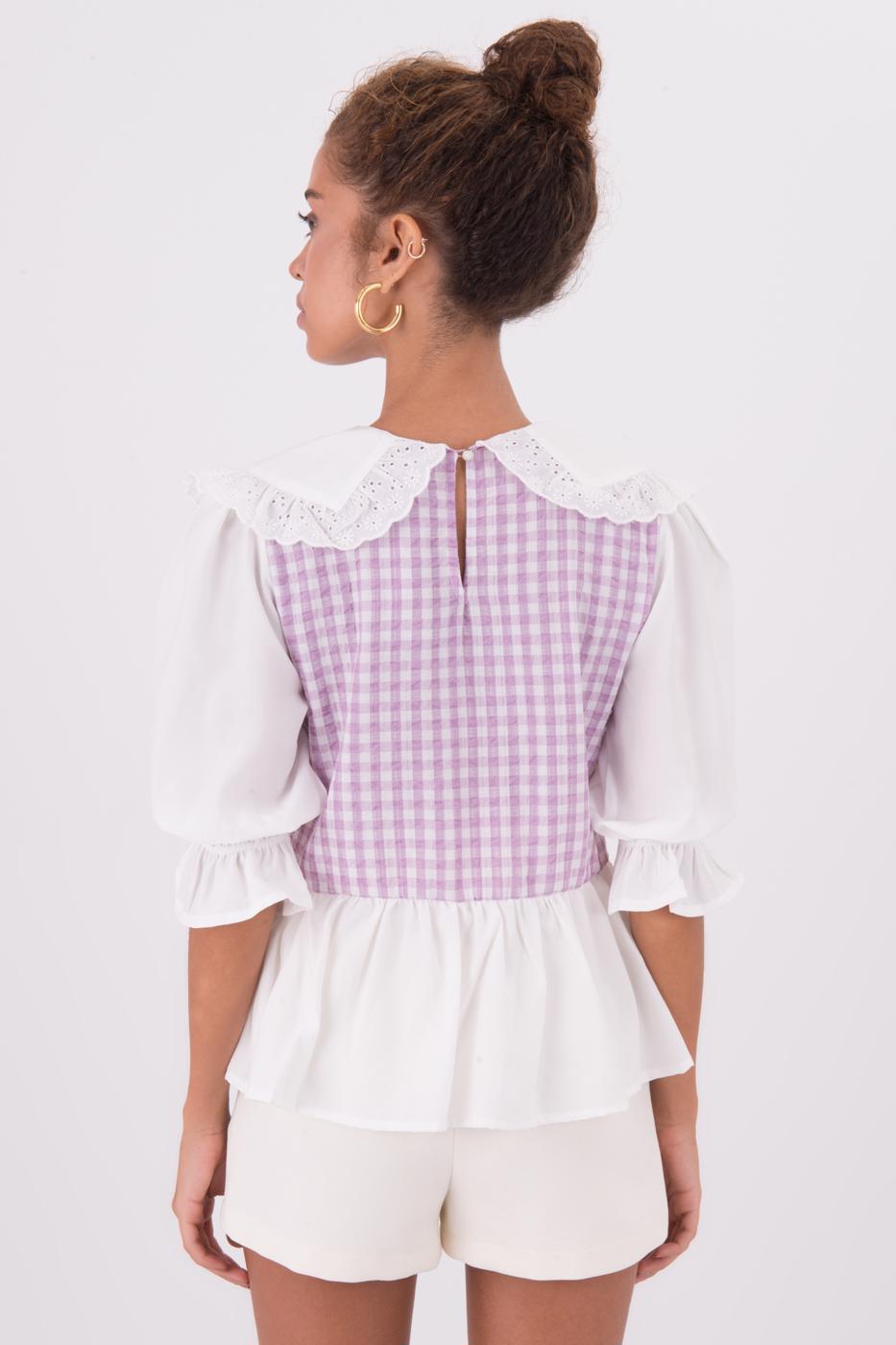 Bayan Lila Yaka Detaylı Karpuz Kol Bluz