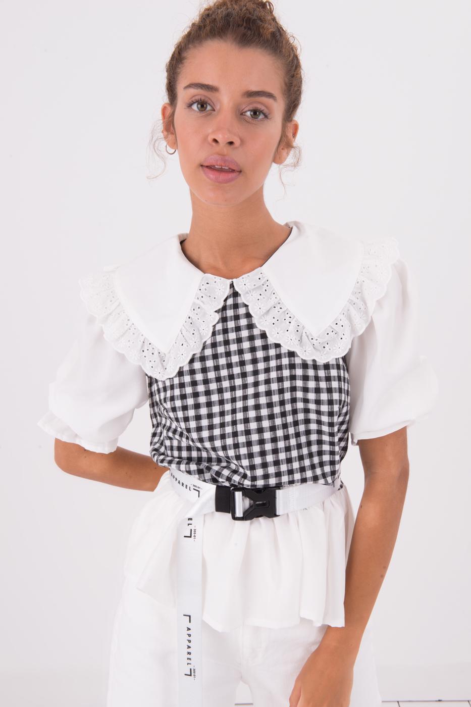 Bayan Siyah Yaka Detaylı Karpuz Kol Bluz